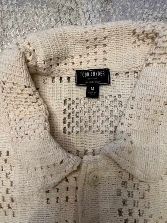 Todd Snyder  Open-Knit Long-Sleeve Cabana Shirt in Chalk. Made in Italy. Medium - Picture 2 of 6